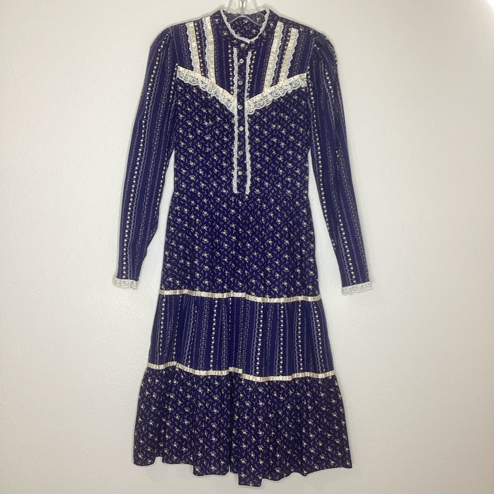 Candi Jones California Vintage Prairie Midi Dress Navy Floral Lace Sz 11